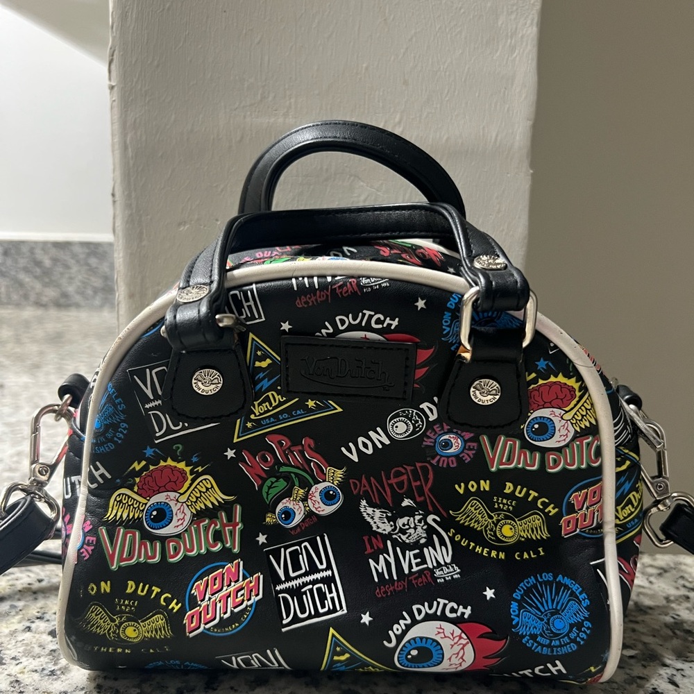 Von Dutch Black Crossbody Bag with Colorful Graphics